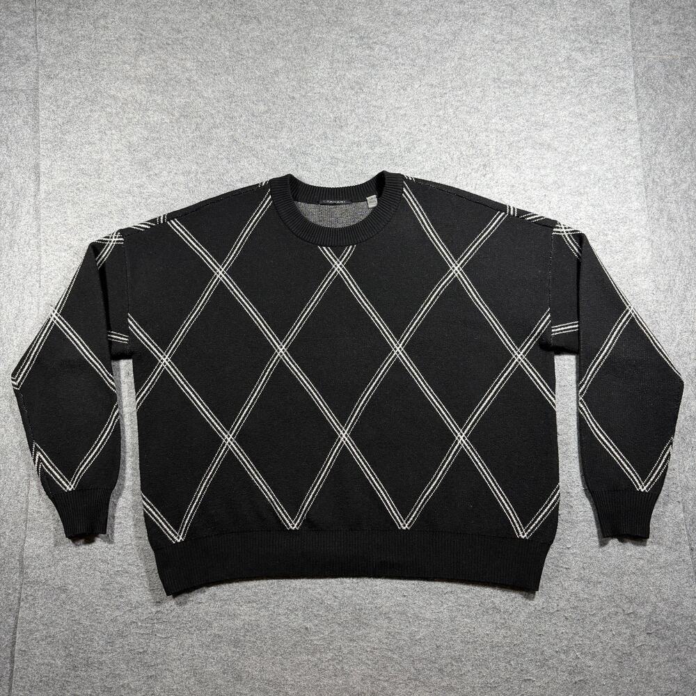 T Tahari Argyle Sweater Womens L Black White Diamond Knit Crewneck Preppy Casual